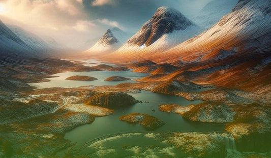 an image of the scottish highlands in winter, ai generated and colour adjusted manually