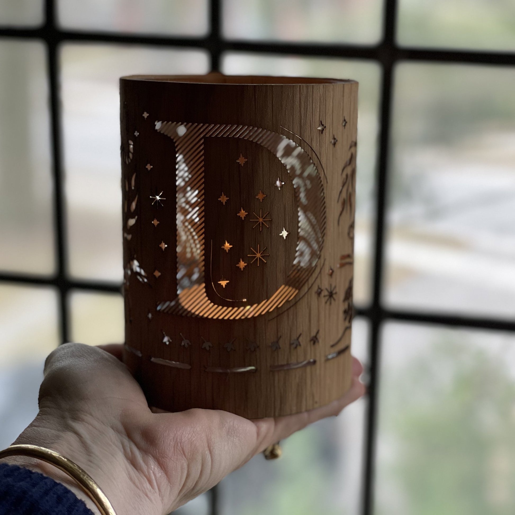Letter D Monogram Lantern - made from glass and oak or maple