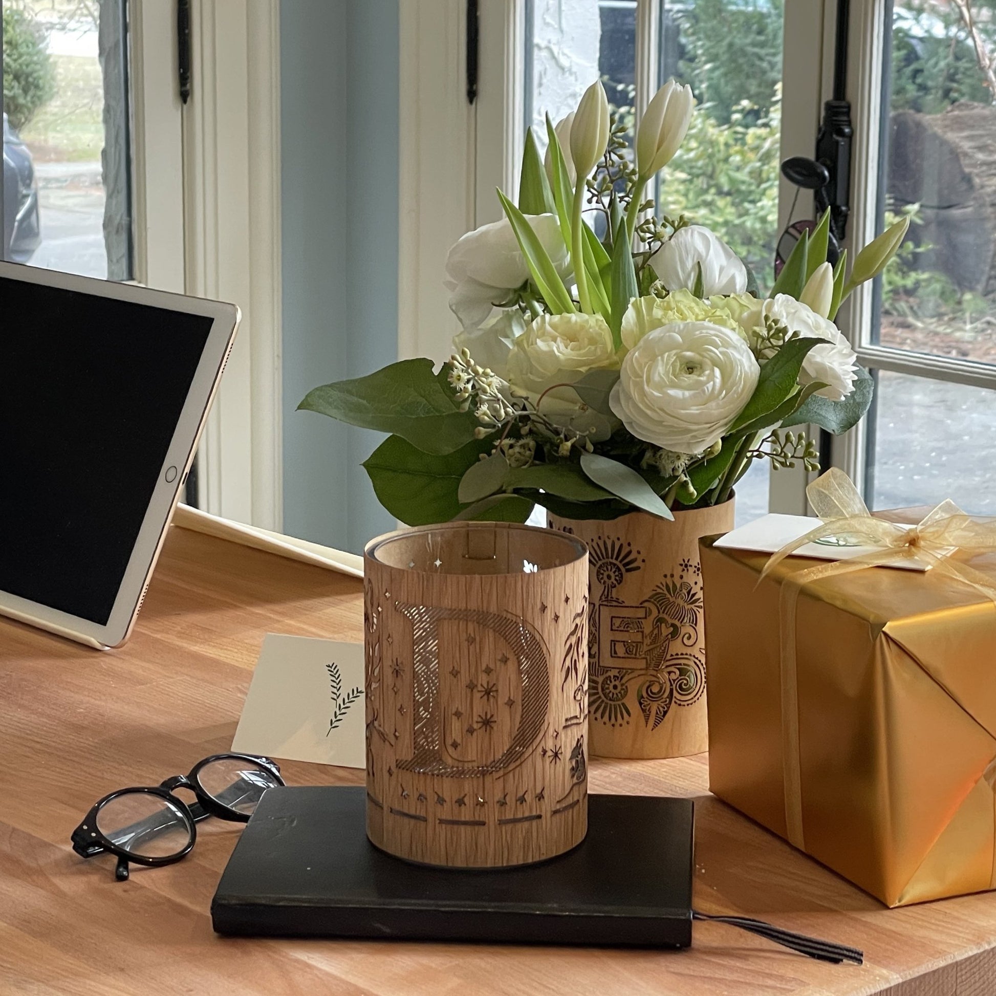 Letter D Monogram Lantern - made from glass and oak or maple