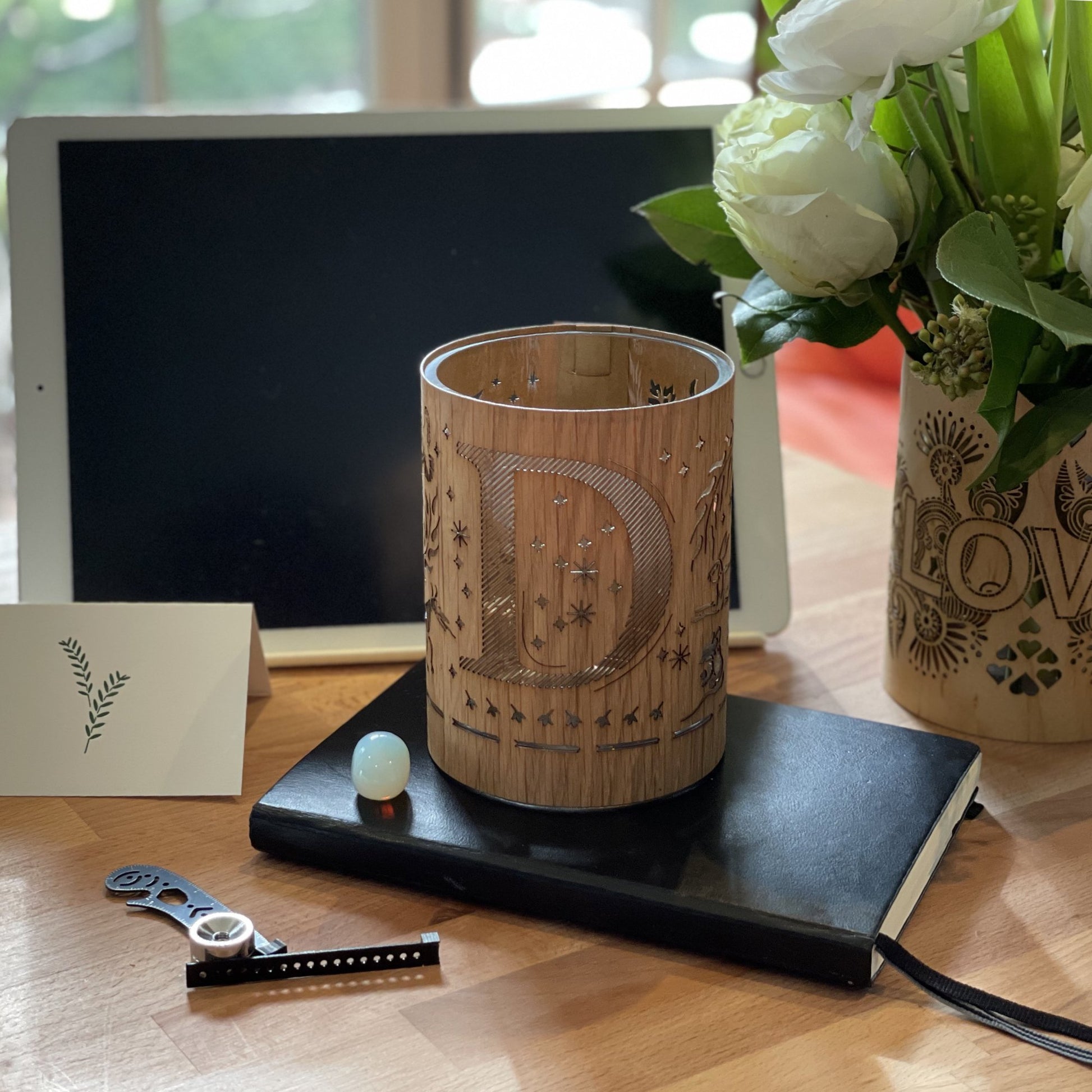 Letter D Monogram Lantern - made from glass and oak or maple