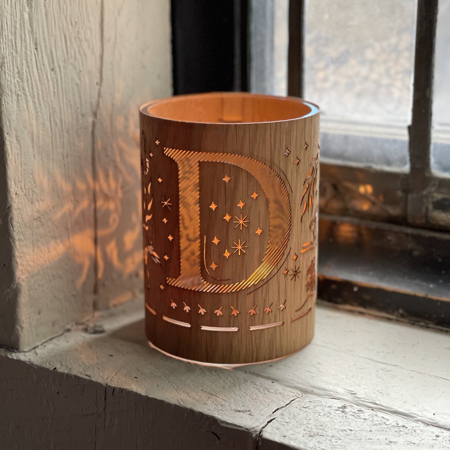 Letter D Monogram Lantern - made from glass and oak or maple