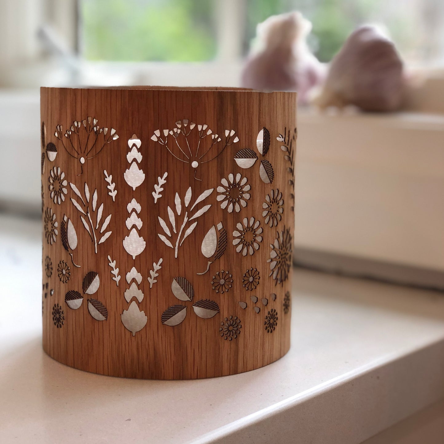 Extra cozy (No Glass) -Floral detail - Natural wood cover - For those who already have one of my lanterns (lantern cozies)
