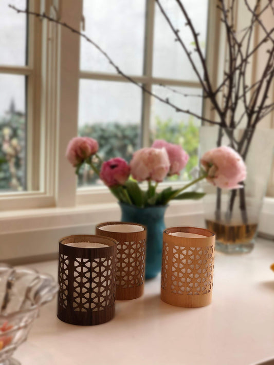 Mid century modern style,Candle Lantern,Size small,Natural wood and glass,minimalist,California style, Palm Springs decor