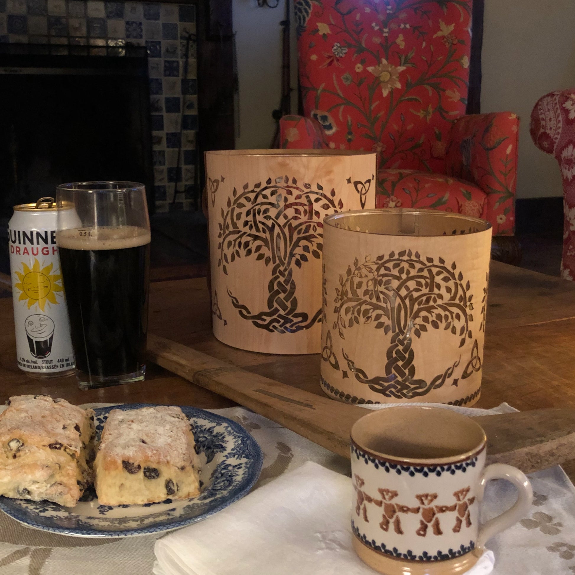 two tree of life lanterns in maple, small and large