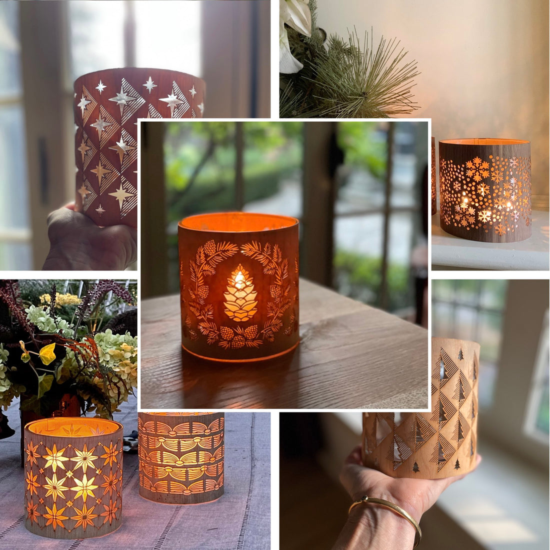 a photo collage of the holiday candle holder selection from lantern cozies