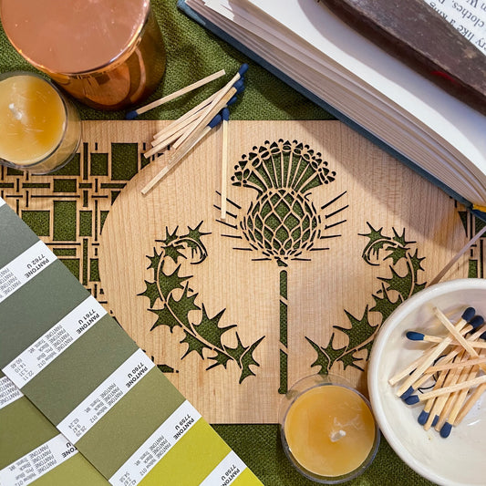 a flat lay close up of the thistle design for the lantern.