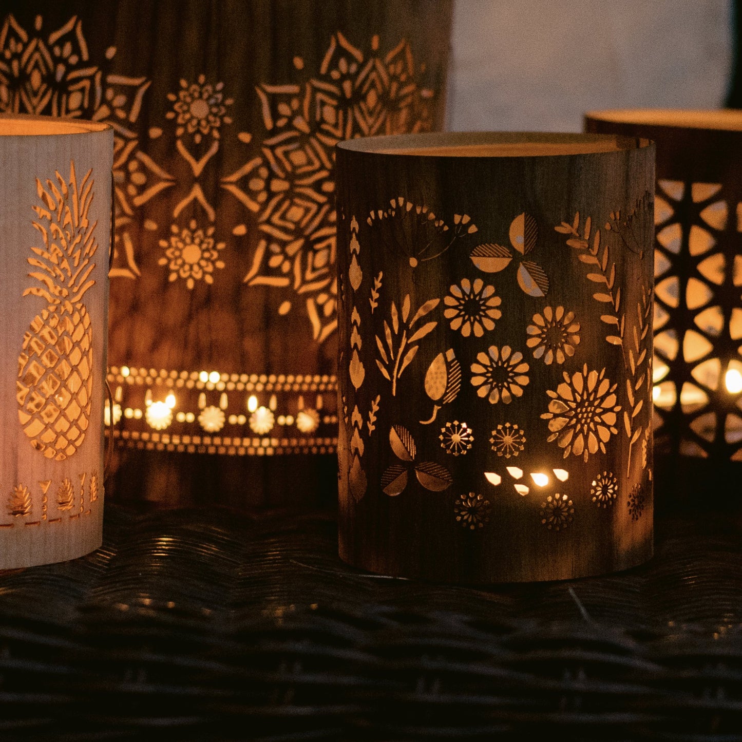 close up of the Black Walnut size small floral lantern