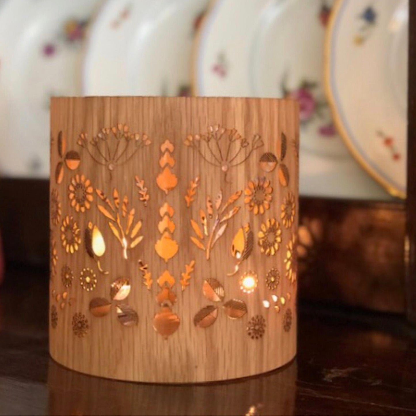 Extra cozy (No Glass) -Floral  detail -  Natural wood cover - For those who already have one of my lanterns (lanterncozies)