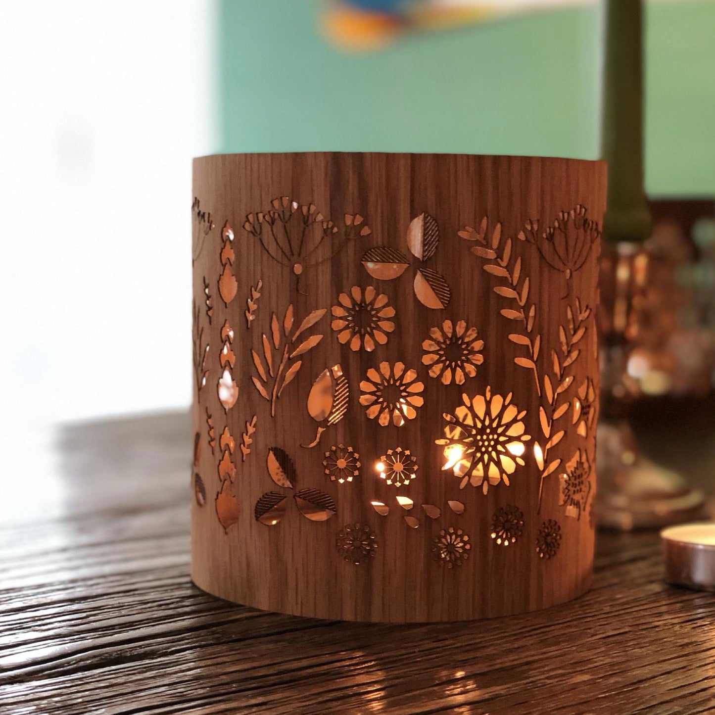 Extra cozy (No Glass) -Floral  detail -  Natural wood cover - For those who already have one of my lanterns (lanterncozies)