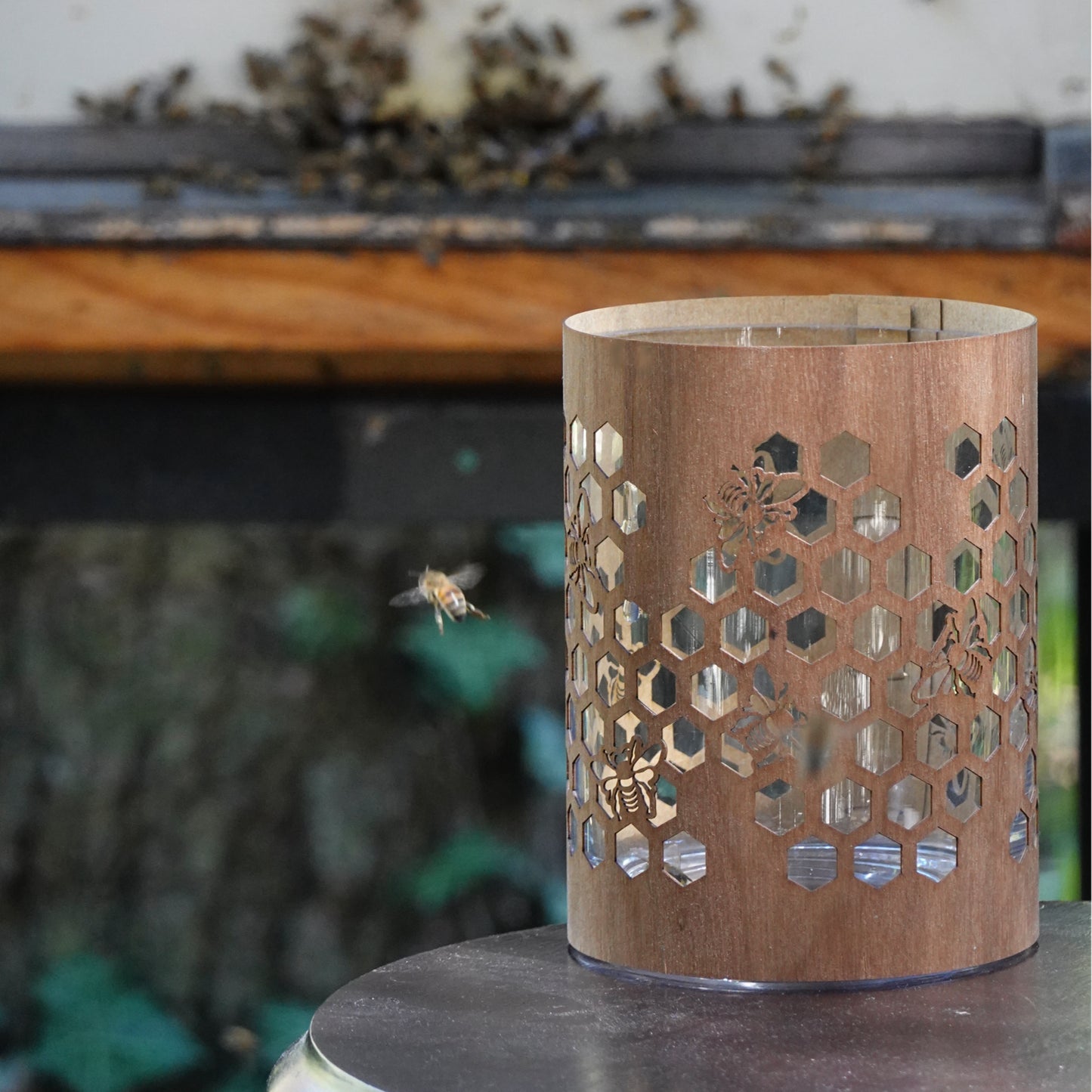 honeybee design lantern - wood and glass outside with a honeybee flying away from it