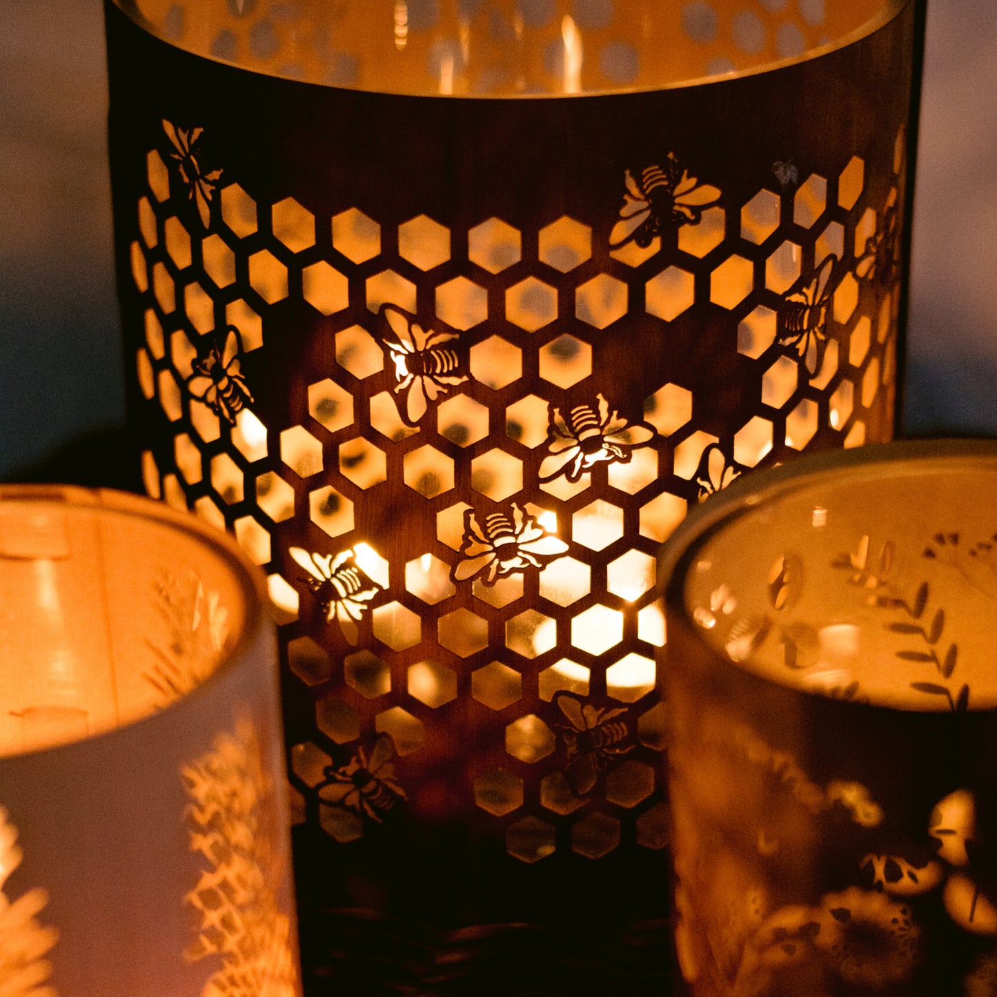 large honeybee design lantern in Black Walnut