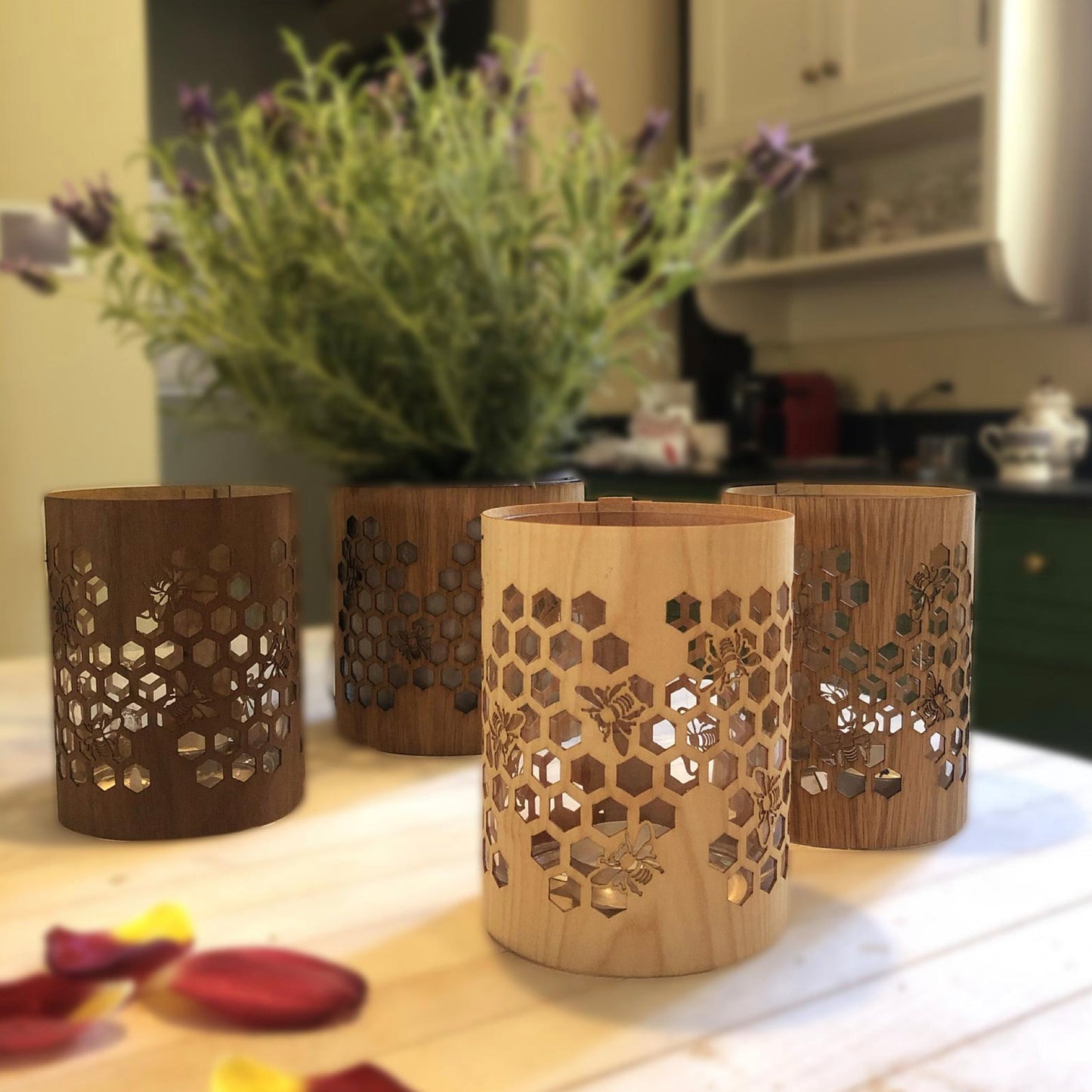 three honeybee lanterns in maple walnut ant oak on kitchen counter with lavender at the rear out of focus