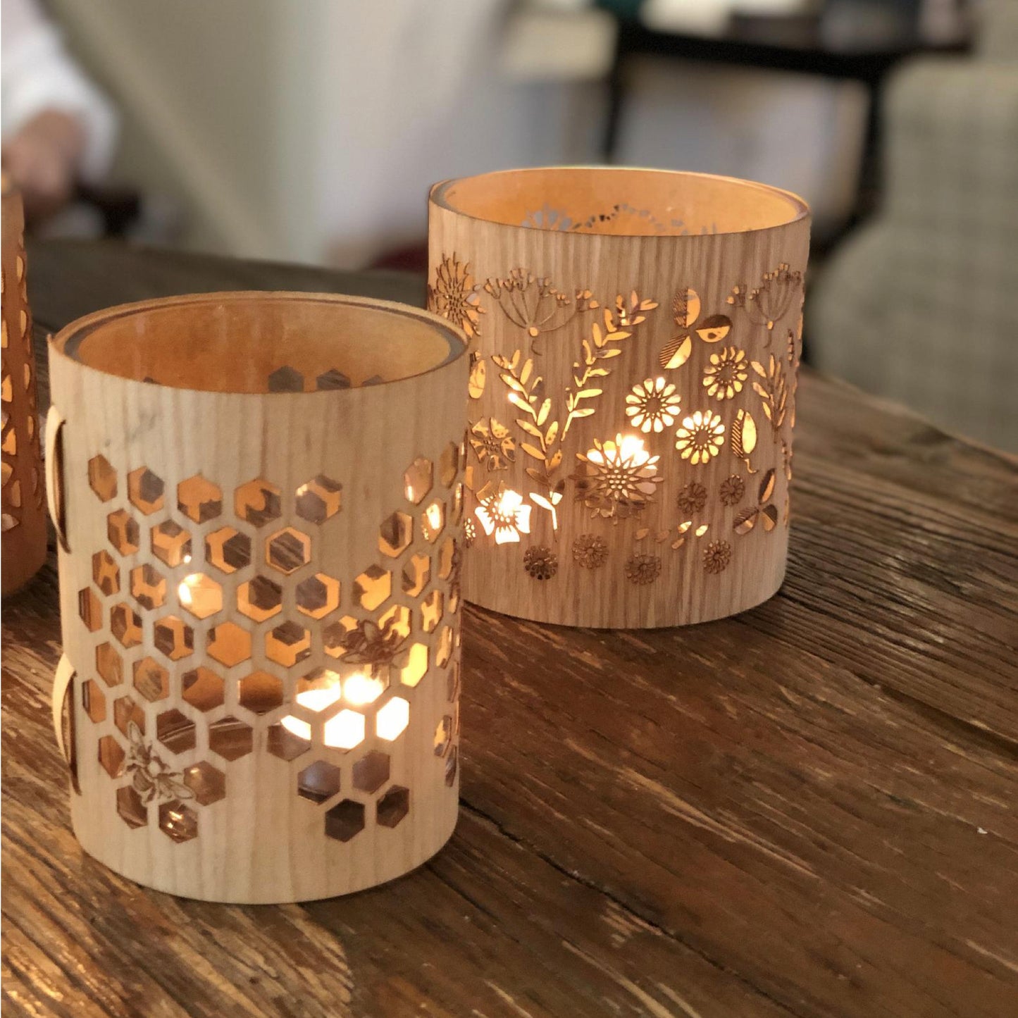 small maple honeybee lantern with White Oak floral design lantern behind