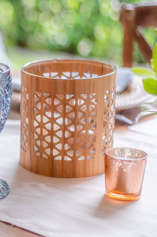 Wedding Centerpiece in glass and  Natural wood, by lantern cozies