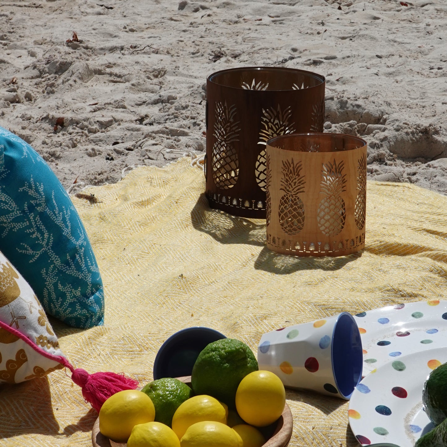 a large  and a medium pineapple lanterns on a blanket at the beach