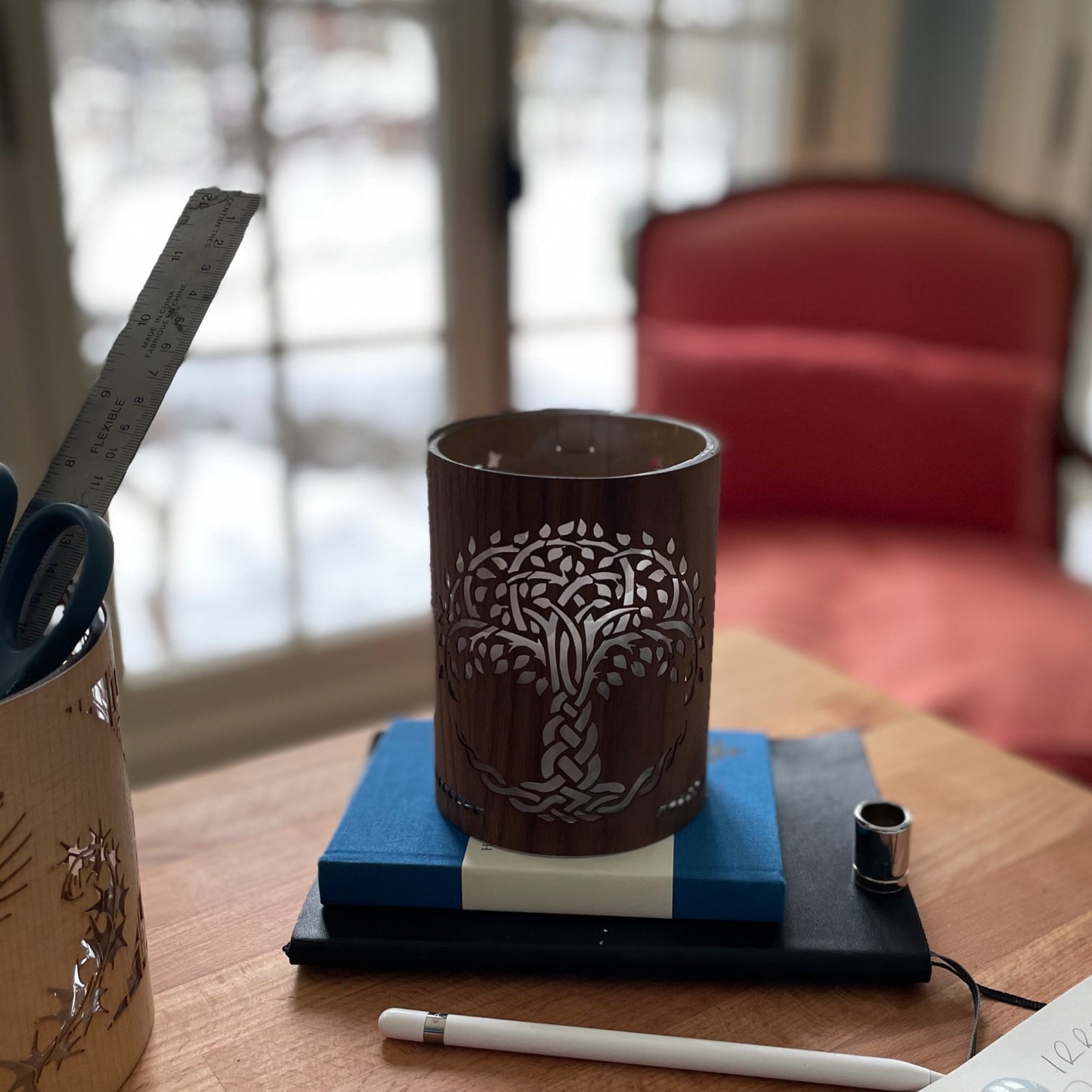 sa small black walnut tree of life lantern on my desk in the sunroom 